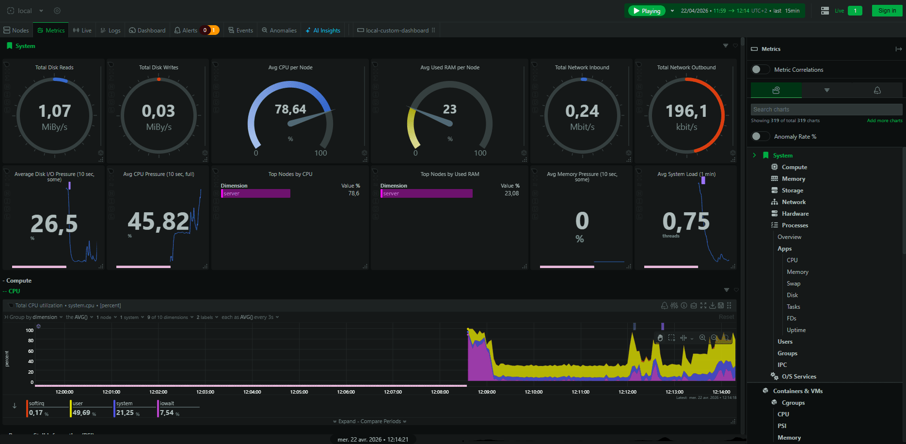 Interface Netdata montrant les performances du serveur.