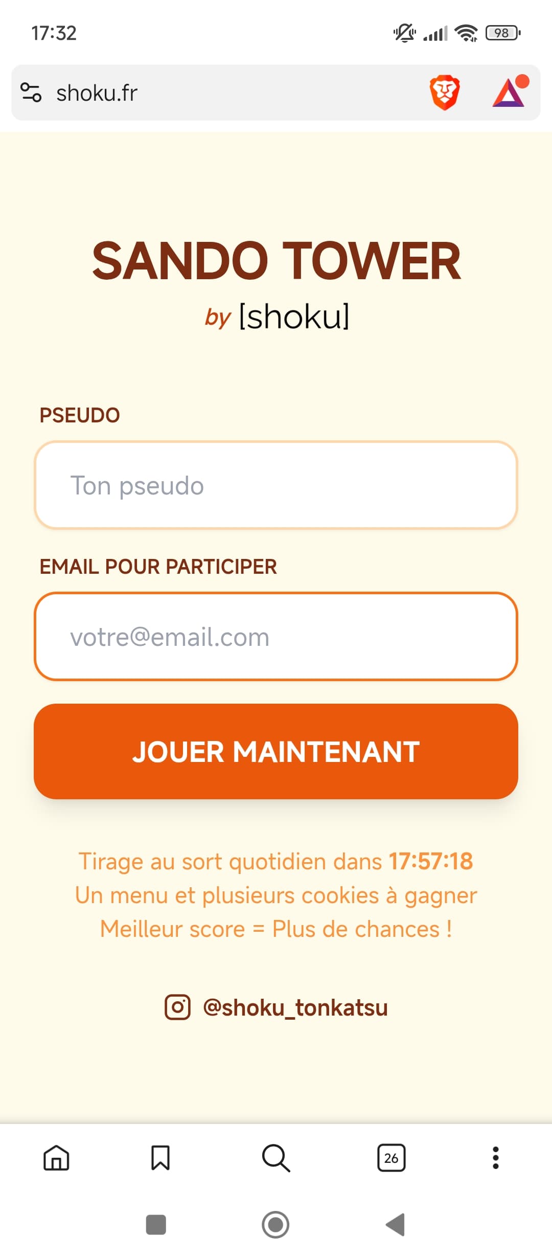 Page d'accueil de l'application mobile Shoku.