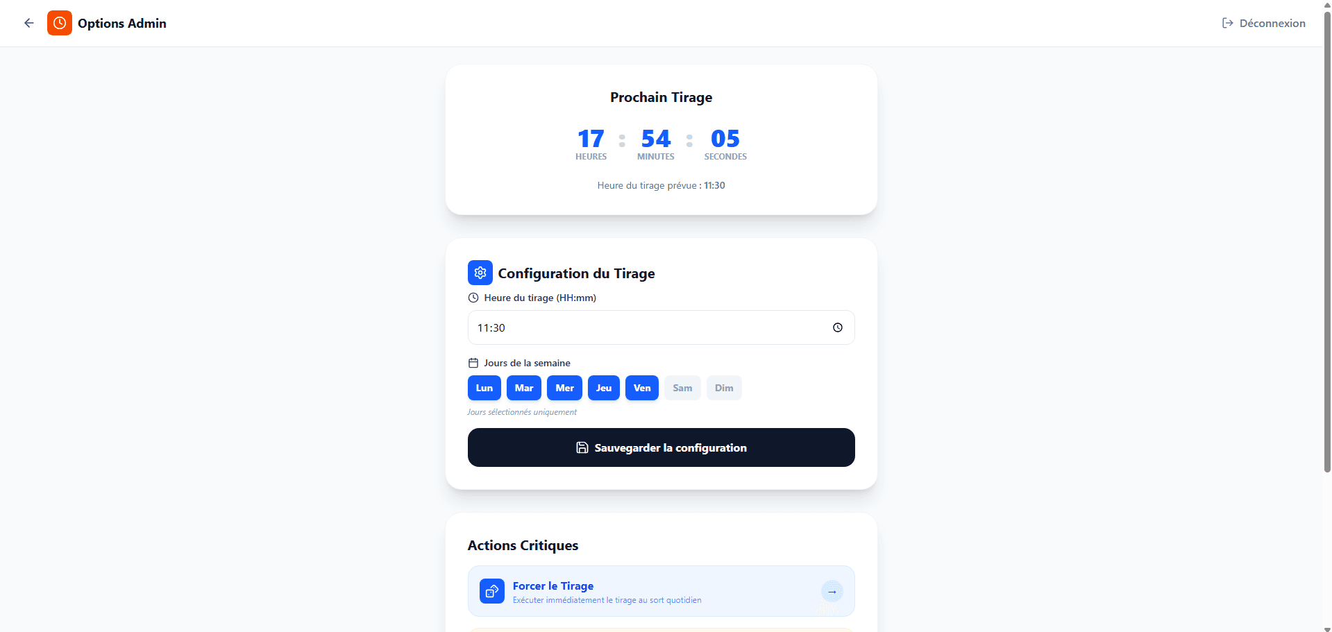 Configuration du tirage au sort et des options.